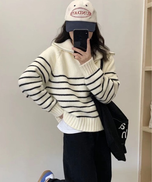 ニット セーター ハーフ ジップ ボーダー プルオーバー レディース