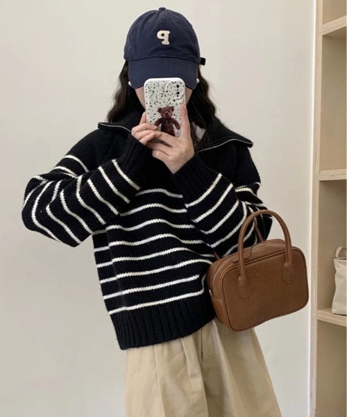 ニット セーター ハーフ ジップ ボーダー プルオーバー レディース