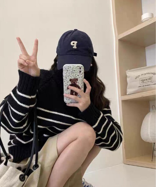 ニット セーター ハーフ ジップ ボーダー プルオーバー レディース