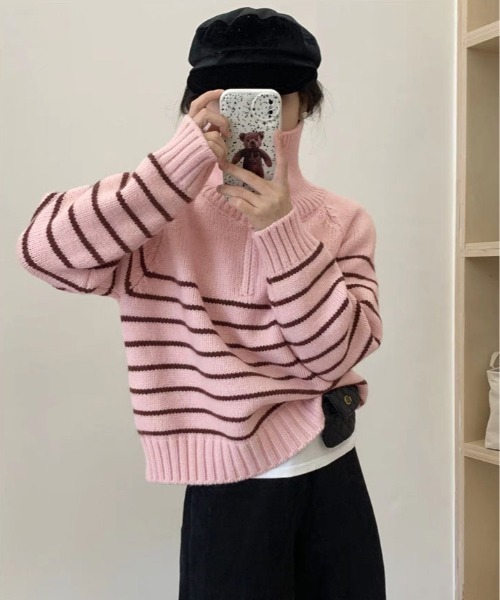 ニット セーター ハーフ ジップ ボーダー プルオーバー レディース