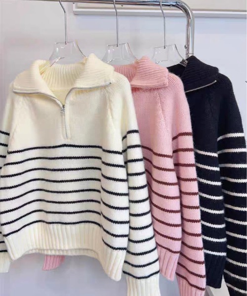 ニット セーター ハーフ ジップ ボーダー プルオーバー レディース