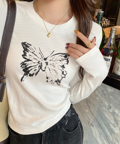 tシャツ バタフライプリントピチタイトロンT レディース : ZOZOTOWN