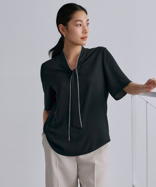 ブラウス シャツ BackSatinAmunzen 5分袖配色ボウタイブラウス レディース