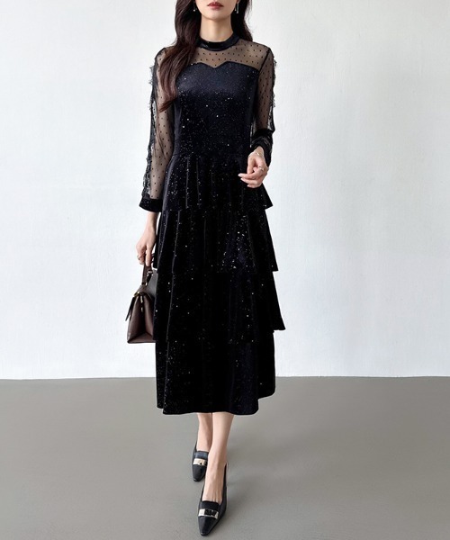 ebony ラメ × レース × ベロア ワンピース ebony ラメ × レース × ベロア ワンピース
