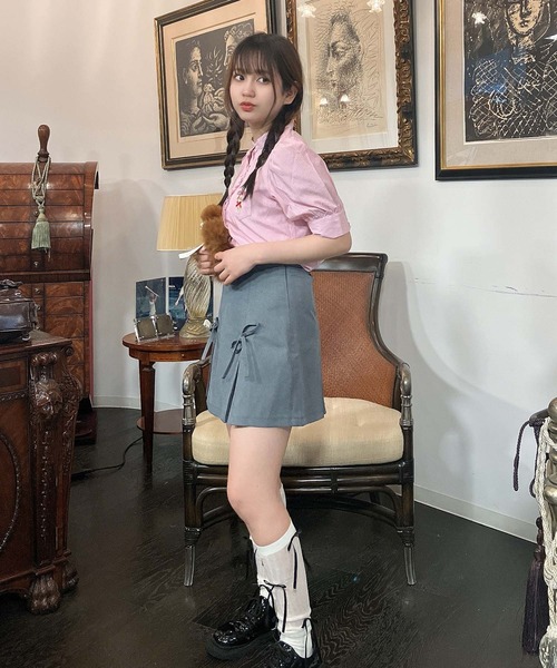 アキキ akiki 有松絞りパフスリーブブラウス シャツ 五分袖 F ブラック /DO ■OS レディース アキキ akiki 有松絞りパフスリーブブラウス シャツ 五分袖 F