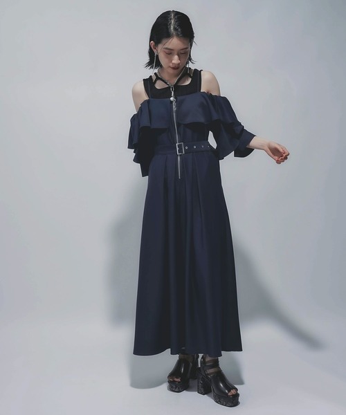 HARE 2way肩ZIPストライプワンピース肩出し ジップジッパーモード着痩せ HARE ワンピース 2WAYジップオフショルワンピース(HARE