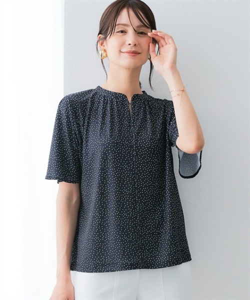 【美品】慈雨　グレー　ドット　ブラウス 7days Life Styling ブラウス シャツ カットソー素材ラインストーン