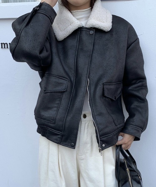 レザージャケット ライダース ボア襟フェイクレザージャケット