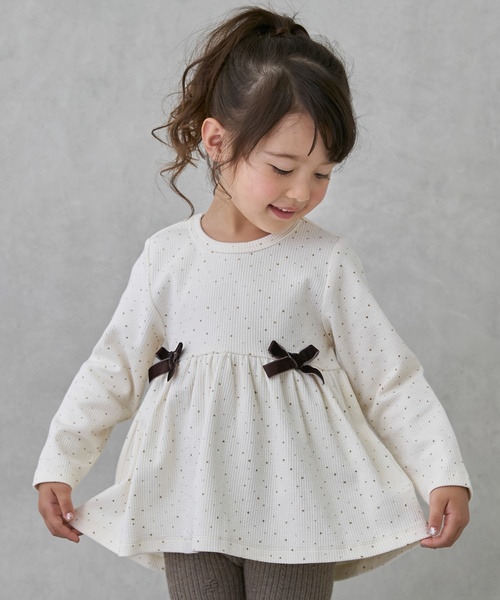&LOVE フリル&リボンの裏起毛チュニック petit main トレーナー 裏起毛カットリボンチュニック キッズ 子供服