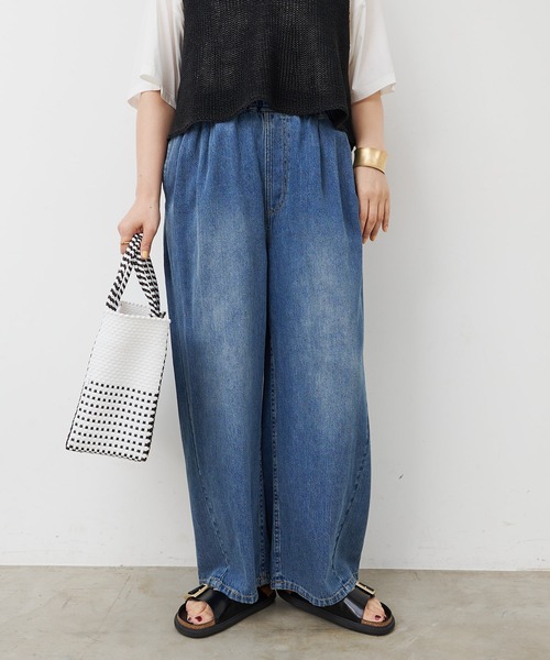ワイドパンツ ジーンズ デニム デニムパンツ 綿麻デニムイージーパンツ レディースの画像