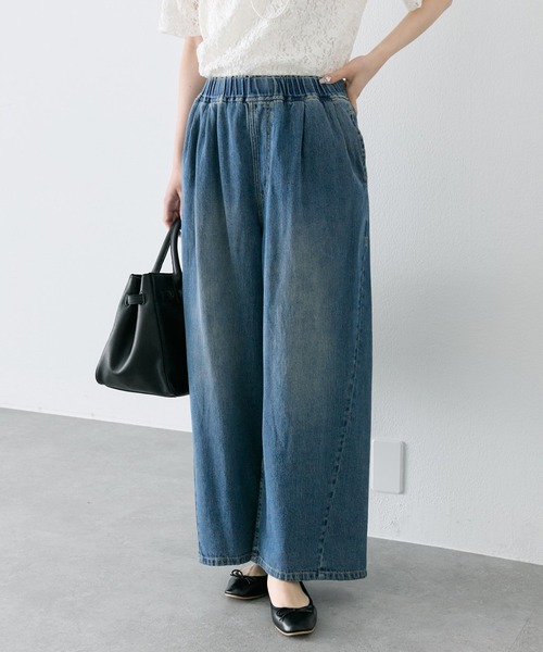 ワイドパンツ ジーンズ デニム デニムパンツ 綿麻デニムイージーパンツ レディースの画像