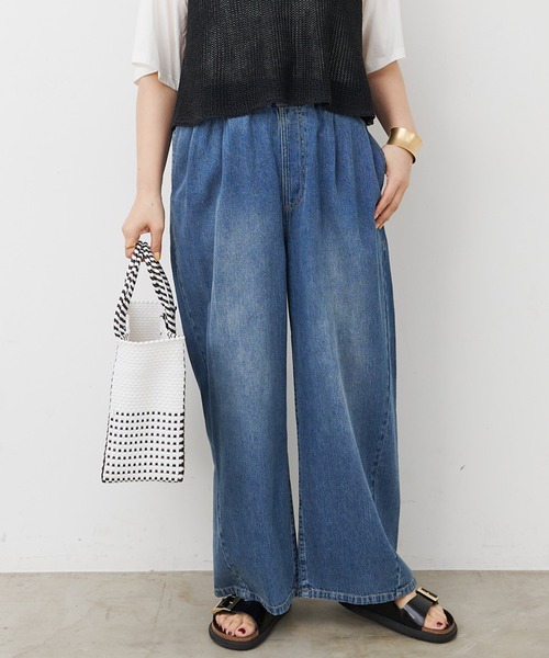 ワイドパンツ ジーンズ デニム デニムパンツ 綿麻デニムイージーパンツ レディースの画像
