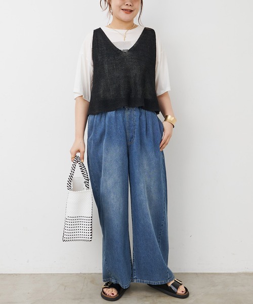 ワイドパンツ ジーンズ デニム デニムパンツ 綿麻デニムイージーパンツ レディースの画像