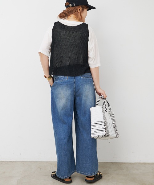 ワイドパンツ ジーンズ デニム デニムパンツ 綿麻デニムイージーパンツ レディースの画像