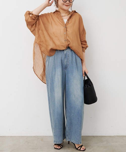 ワイドパンツ ジーンズ デニム デニムパンツ 綿麻デニムイージーパンツ レディースの画像