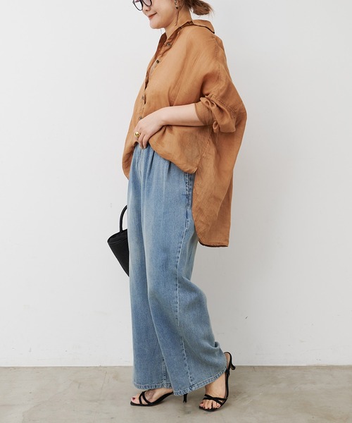 ワイドパンツ ジーンズ デニム デニムパンツ 綿麻デニムイージーパンツ レディースの画像
