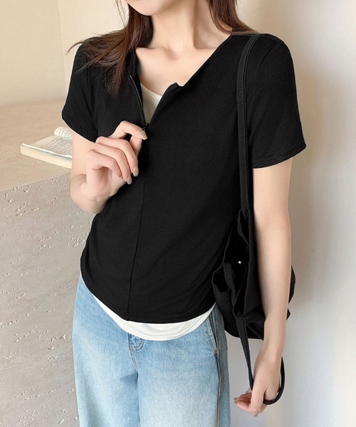 トップス V tシャツ 半袖 フロントジップVネックカットソー レディース : ZOZOTOWN