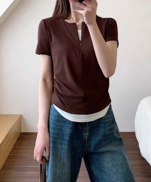 tシャツ 半袖 フロントジップVネックカットソー レディース : ZOZOTOWN