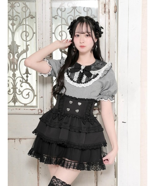 新品未使用　BELEAR MIMI フリル レース 半袖 ブラウス ブラック NOEMIE（ノエミー） tシャツ 半袖 ハートビジューヨークレースアップ