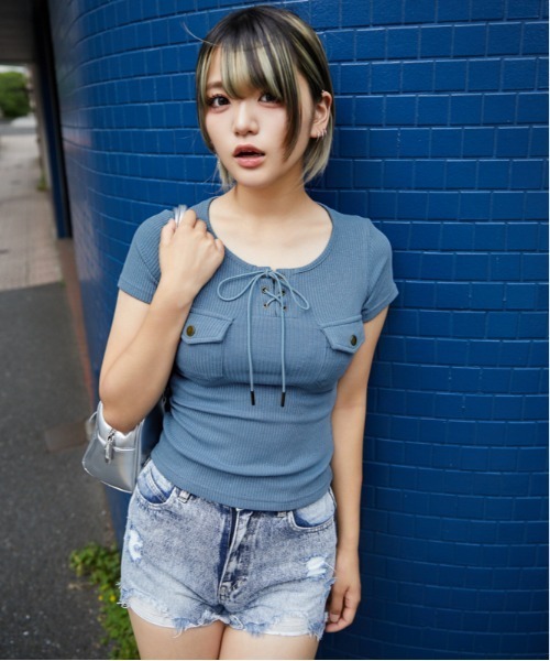 tシャツ 半袖 「フロントレースアップ×リブトップス」カットソー