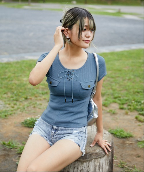 tシャツ 半袖 「フロントレースアップ×リブトップス」カットソー