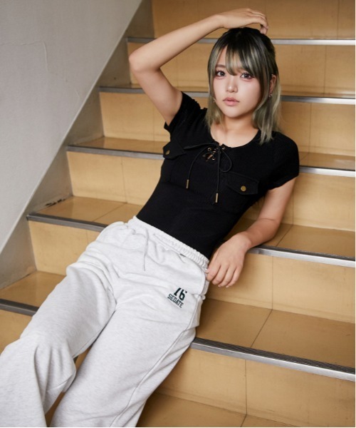 tシャツ 半袖 「フロントレースアップ×リブトップス」カットソー 