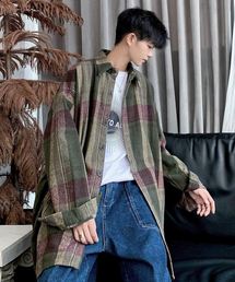 ノフル【M~L】ノーカラージャケット チェック柄 総柄 グリーン系 コットン レトロなチェック柄 サイズLのコート チェック柄緑グリーン コート