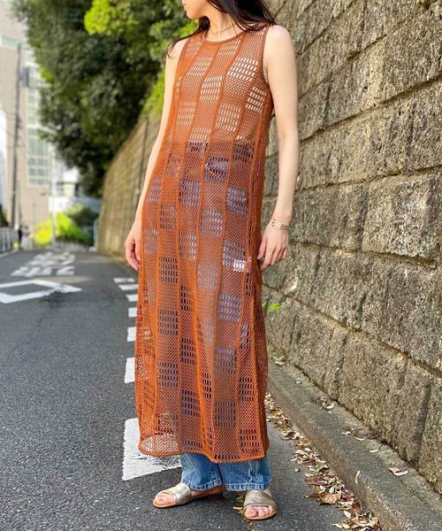 ワンピース メッシュノースリーブワンピース