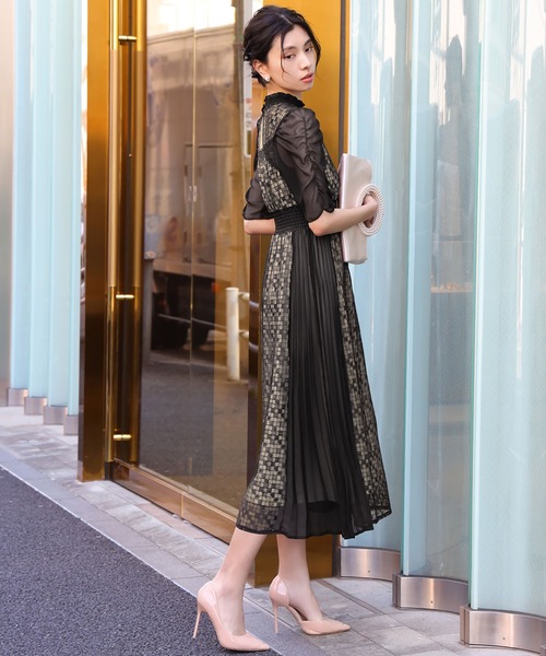 GIRL DRESS FOR NOW ドレス レース×オーガンジーサイドプリーツ