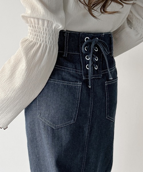 JUNOAH（ジュノア） デニムスカート バックレースアップロングデニム