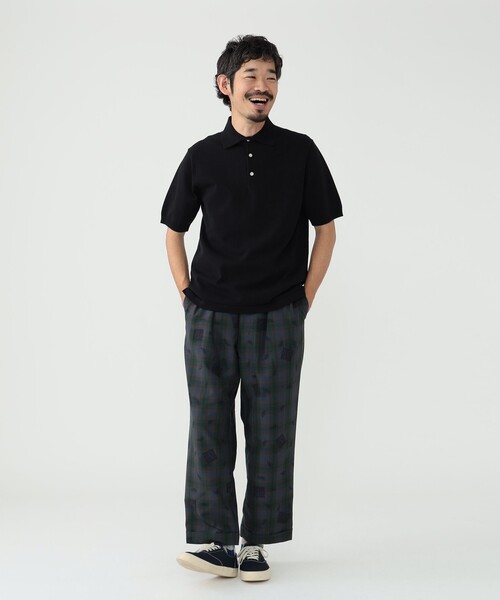 BEAMS ブラック 12ゲージニットポロ BEAMS PLUS（ビームス プラス）Knit Polo Stripe 12G（シャツ