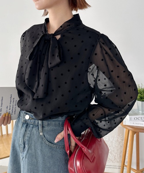 CLEA ブラウス シャツ ドットボウタイシアーブラウス レディース