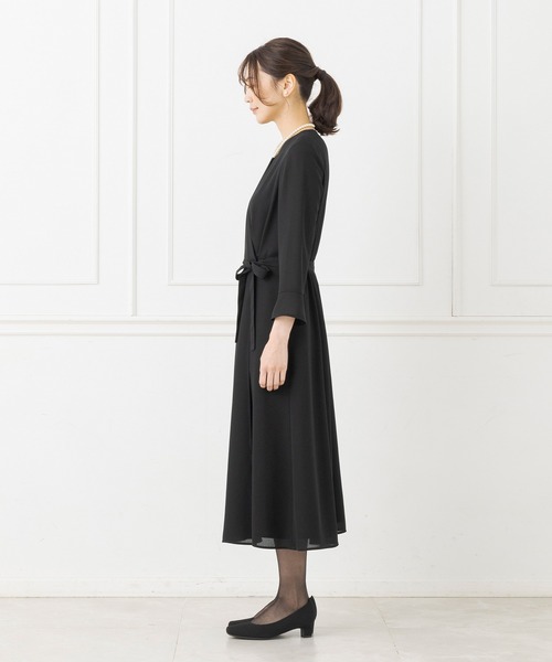 レースドレス カシュクール風 ウエストリボン ブラック B930 レース切替リボンドレス(ブラック)SR1-308BL-M | OTONA DRESS