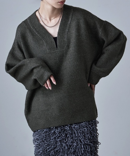 希少　NEIL BARRETT 黒 Vネックニットセーター切り替えレア etoll.（エトル） ニット セーター ラウンドVネックプルオーバーニット