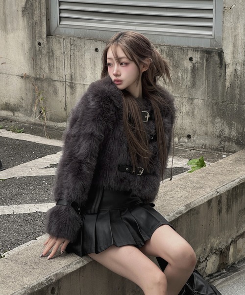 KsG ジャケット ノーカラージャケット ファーベルトショートジャケット