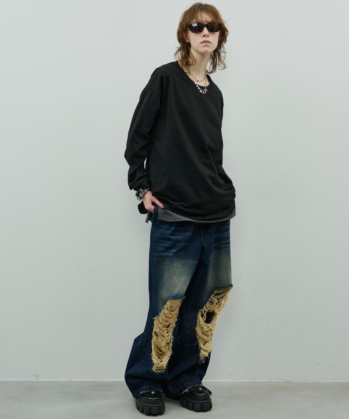 シルバー グラフィック Tシャツ AIVER ユニフォーム AIVER tシャツ AIVER ウォッシュダメージロンTEE メンズ
