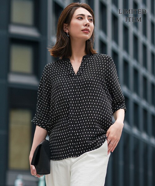 ブラウス シャツ BackSatinAmunzen デザインブラウス レディース ICB ブラウス シャツ BackSatinAmunzen 5分袖キーネックブラウス