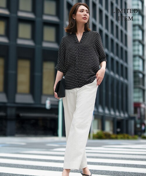 ブラウス シャツ BackSatinAmunzen 5分袖キーネックブラウス レディース ICB ブラウス シャツ BackSatinAmunzen 5分袖キーネックブラウス