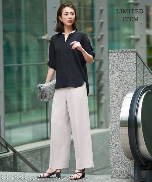 ブラウス シャツ BackSatinAmunzen 5分袖キーネックブラウス レディース ICB ブラウス シャツ BackSatinAmunzen 5分袖キーネックブラウス