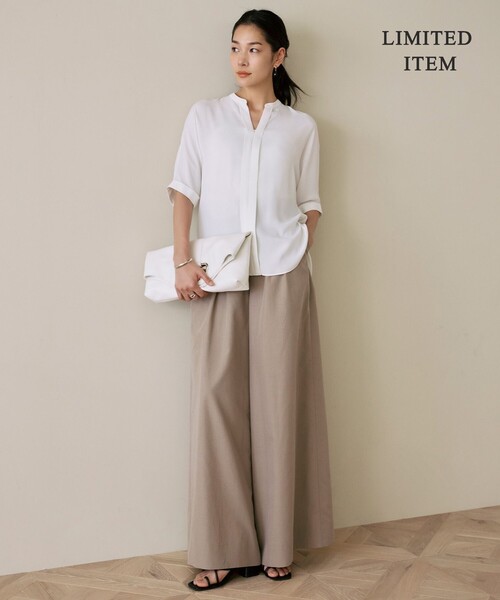 ICB ブラウス シャツ BackSatinAmunzen 5分袖キーネックブラウス