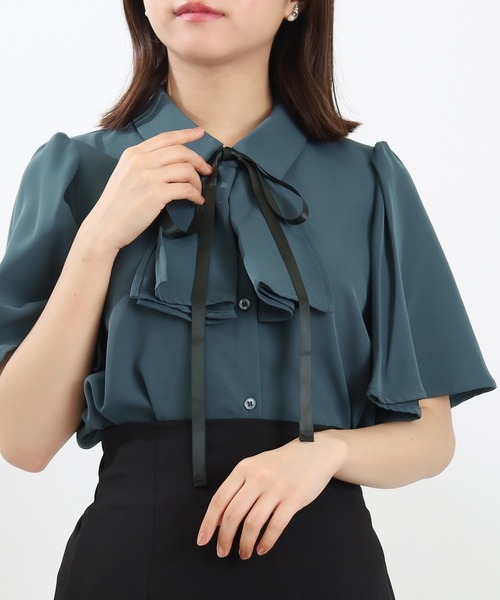 アドーア⭐️定価37400円 パフスリーブ ボウタイブラウス 38 ブラック ASTORIA ODIER ブラウス シャツ とろみフリルボウタイ2way半袖