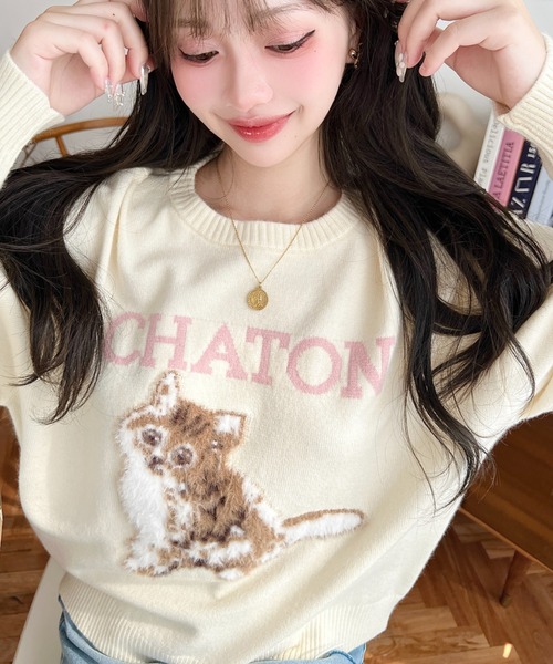 moment+ ニット セーター Wジャガードドッグ＆キャット長袖ニットプル