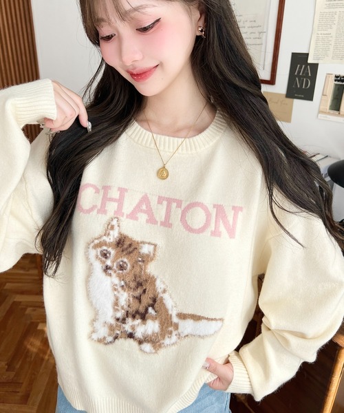 moment+ ニット セーター Wジャガードドッグ＆キャット長袖ニットプル