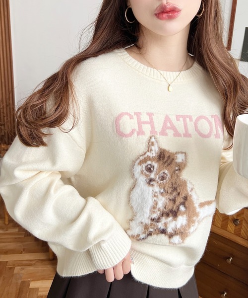 moment+ ニット セーター Wジャガードドッグ＆キャット長袖ニットプル