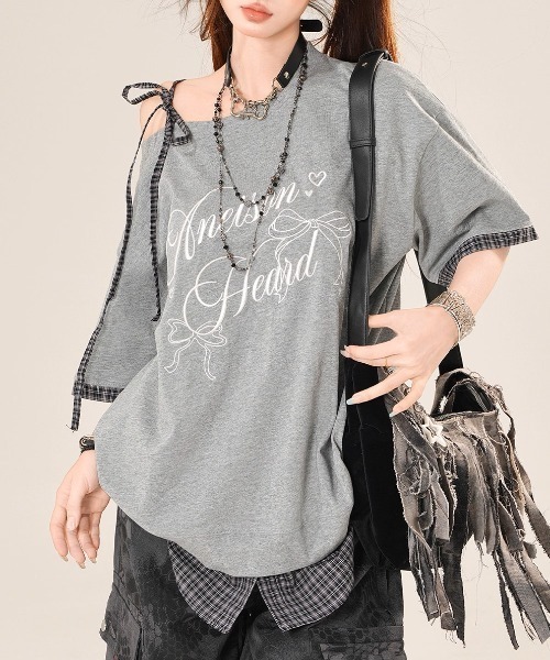 tシャツ A'GEM/9 × .kom 「.KOM/ドットケーオーエム」チェックレイヤードカットソー レディース