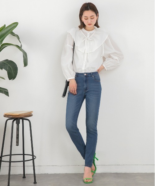 「ad thie」 加工スキニーデニムパンツ LARGE ダークブルー レディース