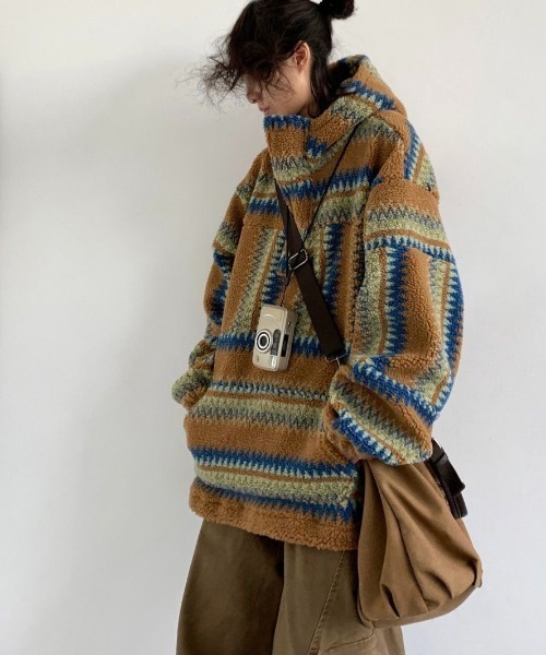 FreeZone パーカー ネイティブ柄ボアプルオーバー メンズ レディース