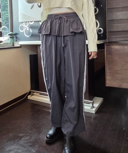 パンツ ウエストフリル サイドライン ワイド トラックパンツ