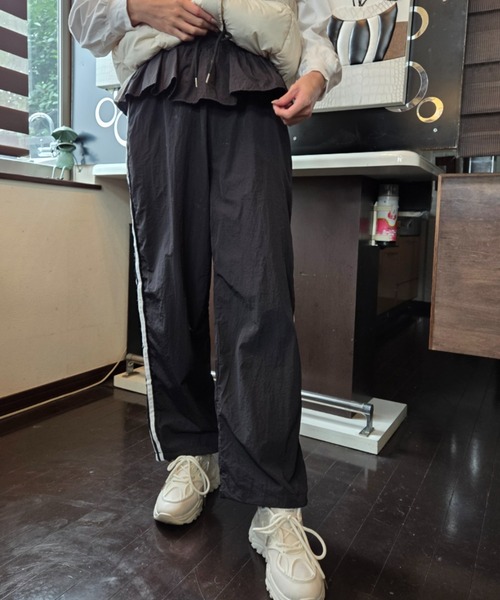 パンツ ウエストフリル サイドライン ワイド トラックパンツ