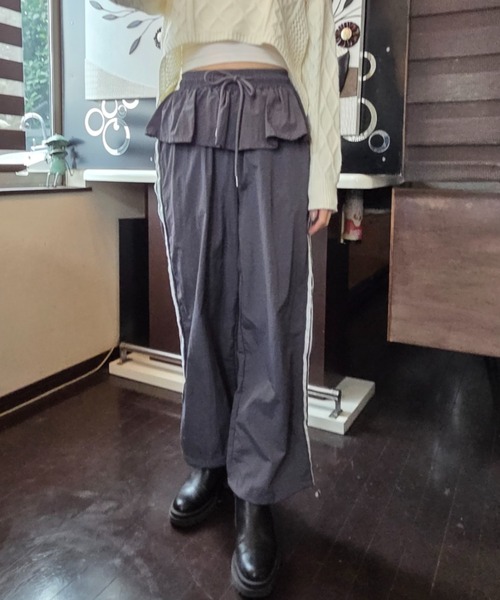 パンツ ウエストフリル サイドライン ワイド トラックパンツ